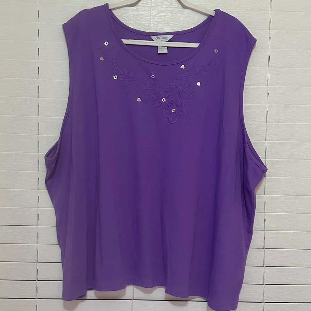 City Blues by Koret Purple Sleeveless Embroidered Tank Top Plus Sz 5X
